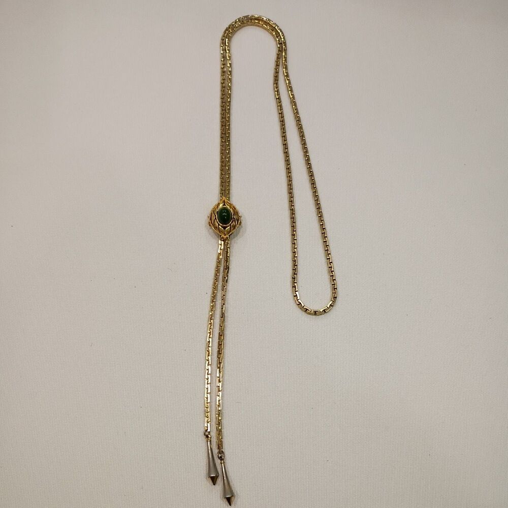 VTG 1979 Sarah Coventry Lariat Bolo Gold Tone Faux Jade Adjustable Necklace